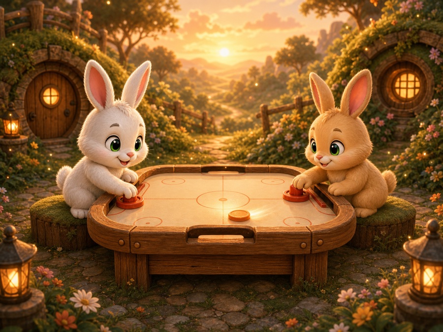 Two Warren Hopz bunnies playing at a garden air hockey table